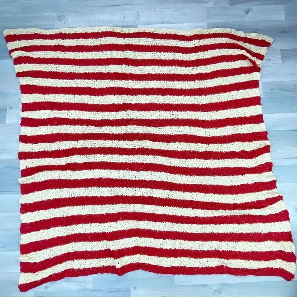 Striped Boucle Knit‎ Afghan Blanket Red Beige Boho 58 x 58